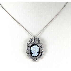 Sterling Silver Mother Of Pearl Cameo Onyx Marcasite Pendant Necklace Brooch 24"